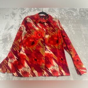 Y2K Beliza Button Blouse Top Women’s Large Split Hem Artsy Art To Wear Abstract